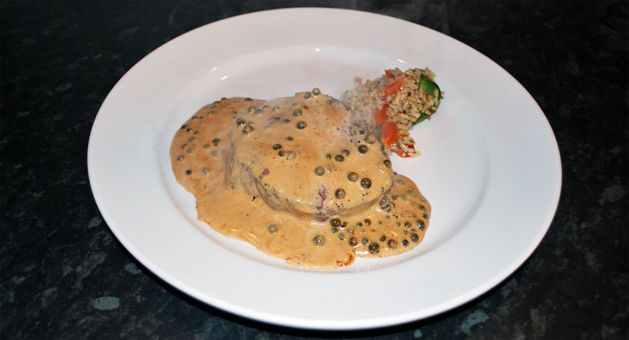 Beef Fillets in Peppercorn Sauce with Roasted Pepper