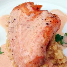 Salmon with Prawn Sauce on Quinoa